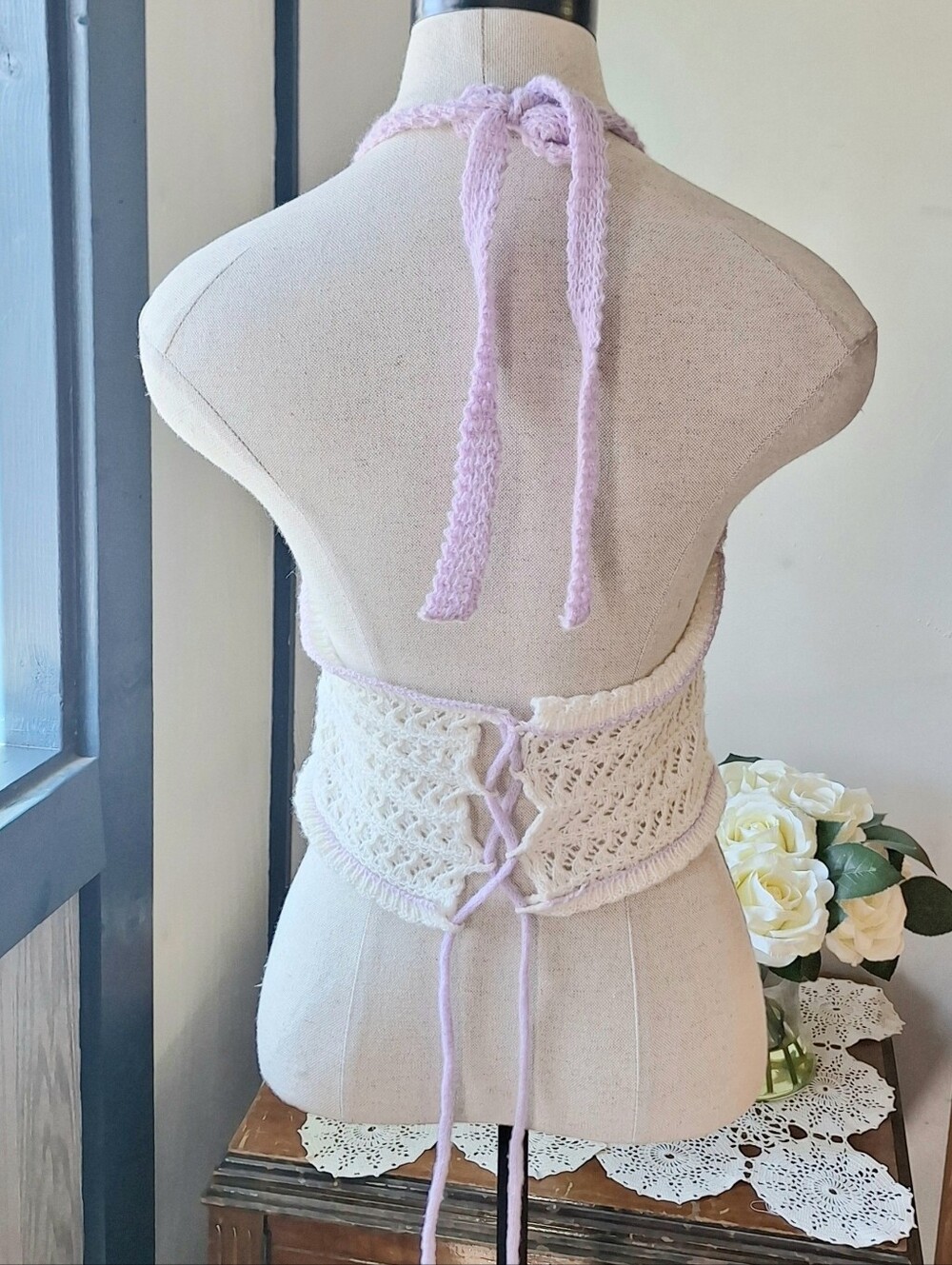 Kawaii Crochet Halter Crop Top with Lavender 3D Flowers, L(8-10) - Picture 8 of 13